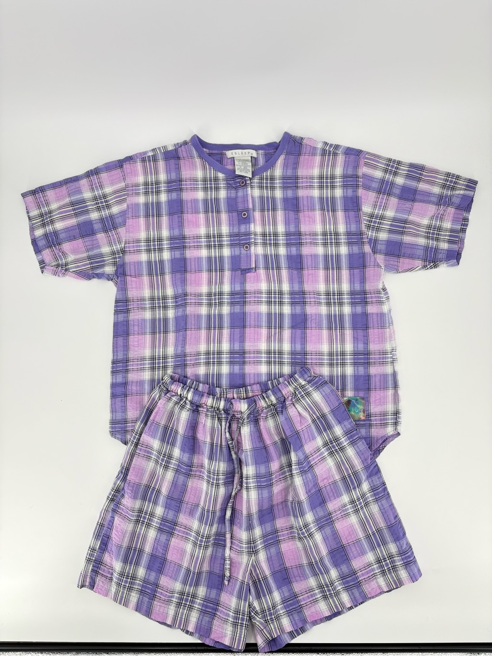 Esleep VTG 90s Summer Pajama Set Purple Plaid Cotton Soft Girl Retro Women L